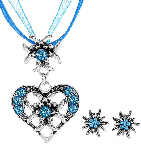 JENCVNL Bigiotteria tradizionale da donna, gioielli per dirndl bavarese dell'Oktoberfest, collana tradizionale con strass, stella alpina, ciondolo a forma di cuore, orecchini da donna (Azzurro)