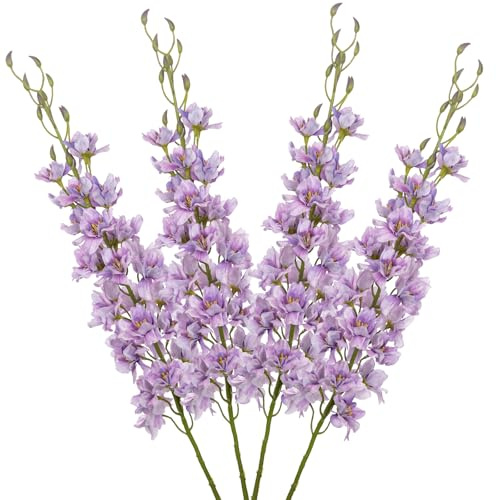 Briful 4er Set Künstliche Delphinium Kunstblumen Wie Echt Lila Dekoblumen Rittersporn mit Langen Stielen Seidenblumen für Blumengesteck Home Hochzeit Dekoration