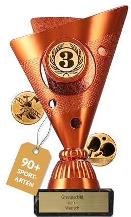 pokal-fabrik Pokal mit Gravur Wunschtext – Gold, Silber & Bronze Trophäe mit Sportart Emblem nach Wahl – Personalisierte Auszeichnung für Fußball WM & andere Sport Events – 15,5 cm inkl. Marmorsockel