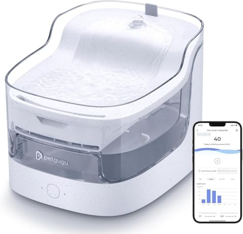 PETGUGU Katzenbrunnen App-Überwachung Trinkbrunnen für Katze Hund 2L, <20dB Ultra-Leise kabellose Pumpe, Automatischer Katzentrinkbrunnen mit Bewegungsmelder, Echtzeit-Trinkdaten, PF1 Marmor