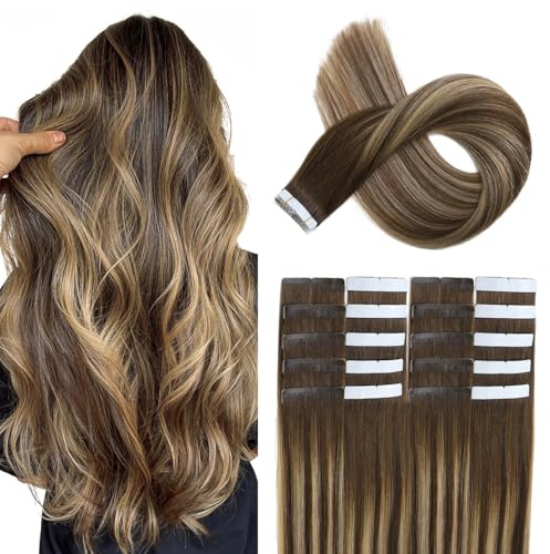 XDhair Tape Extensions Echthaar 40cm Balayage Braun | 50g 20pcs,Echthaar Extensions Tape,Ombre Braun Karamellblond Remy Haarverlängerung Echthaar #4/27/4