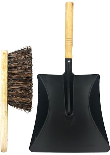 Strong Metal Coal Shovel Heavy Duty with Hard Bristle Brush, Coal Bunker Ash Shovel Ideal for Fireplace Cleaning, Metal Dustpan and Brush Set for Ash, Coal, Home Fire Tools