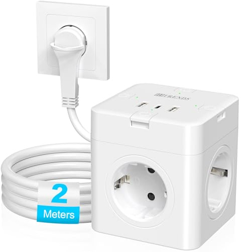Cube multiprise avec 3 USB, 4 prises plates avec interrupteur individuel, USB C, cube d'alimentation 7 en 1, câble de 2 m, multiprise pour bureau, voyage, blanc