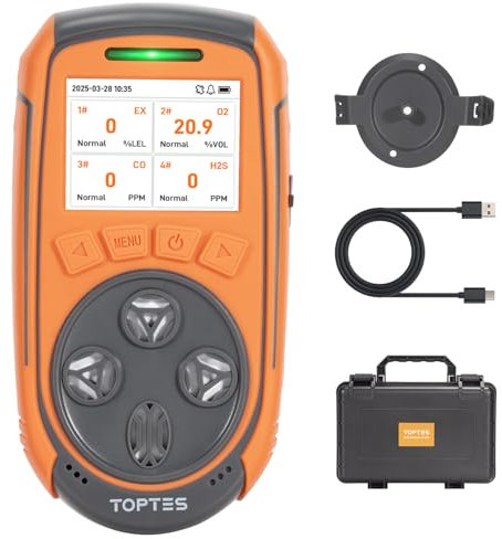 TopTes Guard-863Pro Detector de Gas, Monitor de 4 Gases para H2S, CO, LEL y O2, con Pantalla a Color TFT, Sensor de O₂ Mejorado (5 Años), Exportación USB, Batería 18 h, Fiable para Trabajo y Hogar