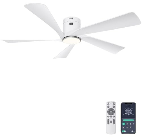 Ohniyou Ventilador de techo de 132 cm con Luz, Mando a distancia y APP Control, Ventiladores de Techo Empotrables para Interior y Exterior, Luz Regulable, 6 Velocidades, Reversible, Blanco