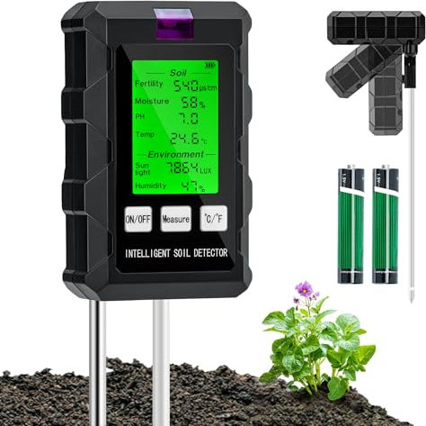 Tolesum 6-In-1 Bodentest Messgerät, Bodenmessgerät Mit pH/Temperatur/Fruchtbarkeit/Lichtintensität/Umgebungsfeuchtigkeit/Pflanzenfeuchtigkeitsmessgerät,Led Display Bildschirm Für Rasen, Gartenbau