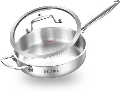 DELARLO Dreilagige Edelstahl-Sautépfanne mit Deckel, 30,5 cm, tiefe Bratpfanne, Induktion, große Bratpfanne, Herdpfanne, spülmaschinen- und ofenfest