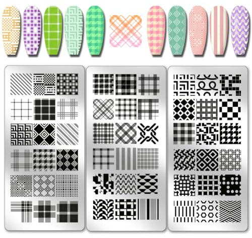 PH PandaHall 3pcs Classic Plaid Pattern Nail Stamp Plate Tartan Nails Art Stencils Stainless Steel Nail Image Plate Plaid Pattern Print Art Template for Women DIY Printing 4.7x2.3 inch