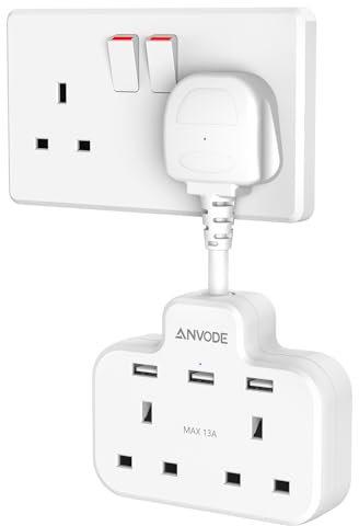 Double Plug Adaptor with USB, 2 Way Wall Adapter with Short Extension Lead, Multi Plug Socket Extender For Home Office (White)