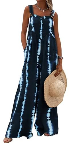 Overall Jumpsuits for Women UK Bohemian Summer Plus Size Wide Leg Trousers One Piece Sleeveless Gradient Stripe Print All in One Jumpsuit Casual Beach Streetwear Boho Loose Dungarees Romper Playsuit