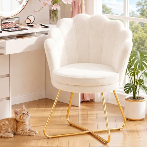 Hellove Esszimmerstühle Schminktisch Stuhl aus Teddy, Schminkstuhl Muschel Stuhl mit Gold Metallbeinen, Weiß Vanity Sessel, Elegant Loungesessel, Armlehnstuhl für Schlafzimmer & Wohnzimmer
