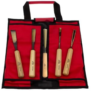 STUBAI Schnitzersatz 5-tlg. | Gerades Balleisen 20 mm, Flacheisen 16 mm, Hohleisen 10 mm, gekröpftes Hohleisen 6 mm, Gaißfuß 6 mm | Schnitzeisen Set mit Rolltasche für Holzschnitzerei