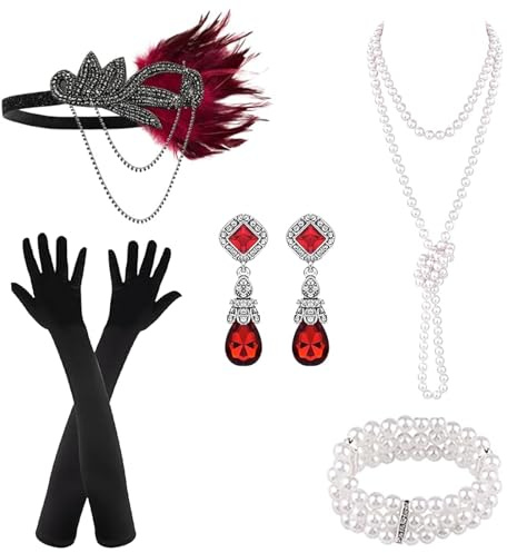 XDGBGFN 20er Jahre Accessoires Set Damen,Kostüm Damen Flapper Accessoires Kostümzubehör Inklusive Stirnband Halskette Handheld-Requisiten und Handschuhe (Rot2)