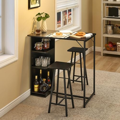Litake Bartisch Set, Tresentisch mit 2 Barhocker, Esstisch Stehtisch mit Weinglashalter & Ablage, Küchentisch im Industrie-Stil, Stehtisch für Bar, Bistro & Wohnzimmer Schwarz