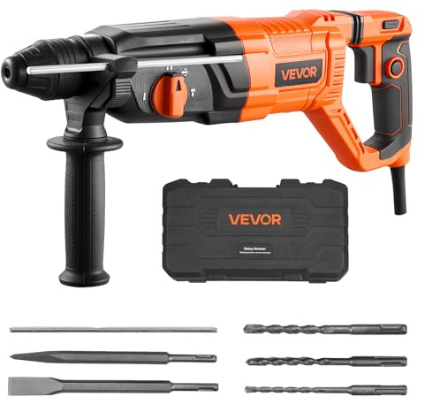 VEVOR Rotary Hammer Drill, 1-1/8 in SDS-Plus Electric Corded Heavy Duty Rotary Hammer, 4 Functions, Including 3 Drill Bits, Flat Chisel, Pointed Chisel, and Carrying Case, for Concrete and Masonry
