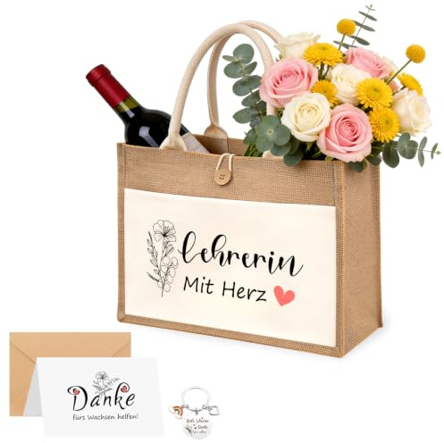 AuSletie Dankeschön Geschenke für Lehrerin,Jutebeutel,Schlüsselanhänger Dankeskarte Perfektes Abschiedsgeschenk Danke fürs Wachsen (Eukalyptusblätter)