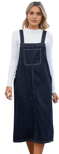Petalum Women Bib Overall Denim Dress Casual Loose Mid Length Adjustable Strap Sleeveless Pinafore Dress with Pocket