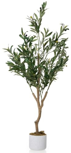 Virimolo Olivier Artificiel 120cm, Plante Artificielle Intérieur Réaliste en Tissu Polyester, Faux Olivier Classique avec Tige Écologique Et 20 Olives, Décoration Végétale sans Entretien