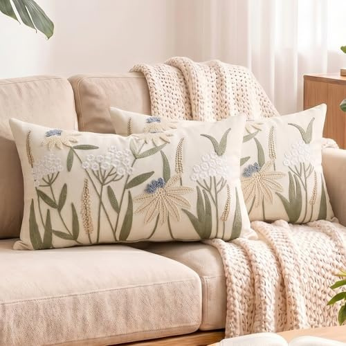 HOSTECCO Autumn Floral Embroidered Cushion Covers 30x50cm Pack of 2, Modern Farmhouse Textured Botanical Lumbar Throw Pillow Cases, Cottagecore Green Leaf Flower Scatter Cushions for Living Room