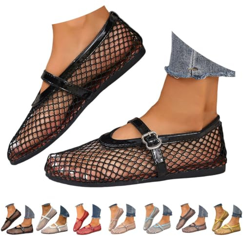 Mesh Ballet Flats for Women Fishnet Ballerina Flats Buckle Strap Fashion Comfy Mesh Ballet Flat Shoes Wide Width Round Toe Casual Office Daily Summer Dress Mary Jane Shoes Slip-on Loafers
