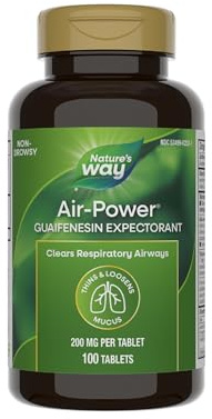 Nature's Way Air-Power, Guaifenesin, Expectorant Mucus Relief, Clears Respiratory Airways, Thins & Loosens Mucus, Vegan, 100 Tablets (Packaging May Vary)