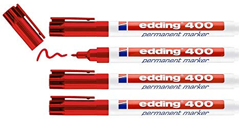edding 400 Permanentmarker - rot - 4 Stifte - feine Rundspitze 1 mm - wasserfest, schnell-trocknend - wischfest - für Karton, Kunststoff, Holz, Metall, Glas