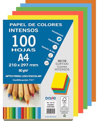 DOHE - Farbiges Papier DIN A4, 80 g. Leuchtende Farben sortiert - 100 Blatt, 30170