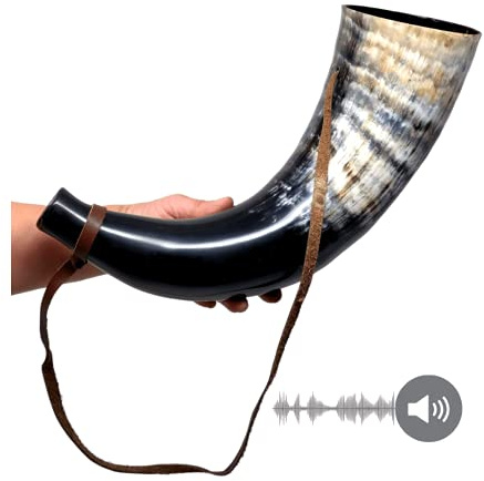 AleHorn Gjallarhorn XL Authentic Handcrafted Viking Blow Horn War Bugle for Sounding Winding Blowing Signaling with Leather Strap and Drawstring Bag