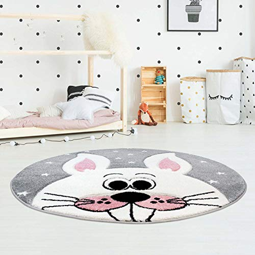 Kinderteppich Flachflor Bueno mit Hase Sternen in Grau Rosa mit Konturenschnitt für Kinderzimmer; Größe: 160 cm Rund
