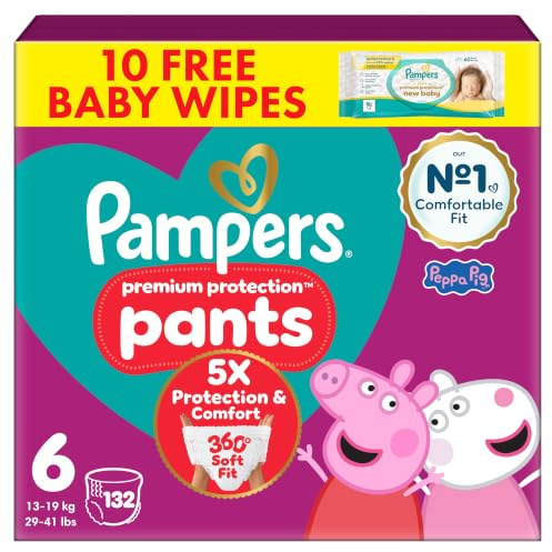 Pampers Premium Protection Nappy Pants Size 6, 132 Nappies, 13kg-19kg, Monthly Pack + Pampers Harmonie Aqua Baby Wipes 1 pack of 10 Wipes