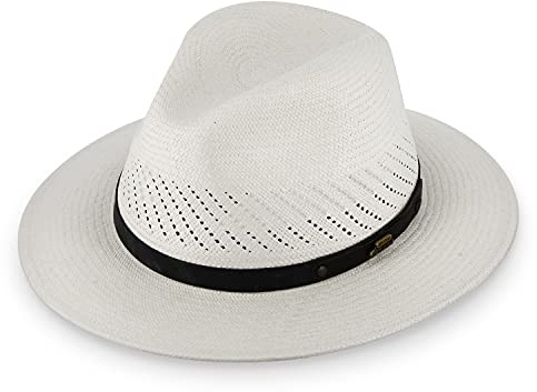 fiebig Traveller Panamahut mit Lederbandgarnitur | Hochwertiger Sommerhut mit verstellbarem Innenband | Natur Sonnenhut mit breiter Krempe (61-XL, Weiß)