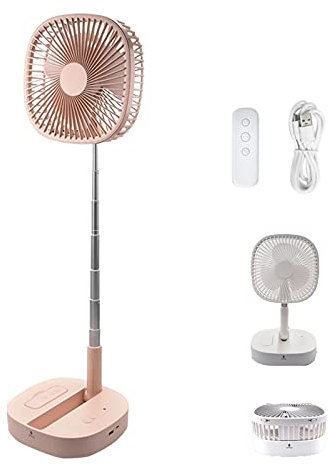 HIOD Portable 4 Speeds Quiet With Remote Control Desk Telescopic Floor Stand Fan Bedroom USB Rechargeable Timing Small Folding,Pink