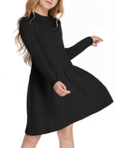 Arshiner Girls Solid Color Sweater Dress Long Sleeve Knit Pleated Waist