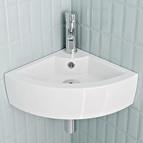 BELOFAY Modern Design Bathroom Wash Basin Sink, Corner Wall-Mounted White Cloakroom Ceramic Basin for Bathroom, Vanity Cabinet, and Toilets (13.5x43.5x32) (HxWxD)