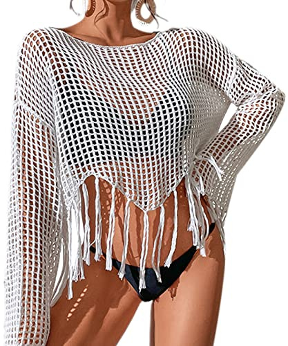 Women Mesh Crochet Crop Top Tassels Fringe See Through Cover Up for Bikini Hollow Out Fishnet Long Sleeve T-Shirt Top (A, OneSize)