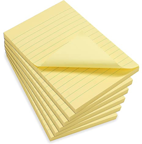 WAYTEX 931680C6 600 notas adhesivas A6 con líneas - Juego de 6 bloques de 100 hojas adhesivas reposicionables Gran formato, 9,8 x 15 cm, color amarillo pastel