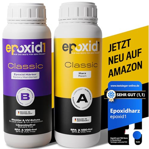 epoxid1® Epoxidharz mit Härter | Classic Resin Gießharz 0,1-1cm | glasklar & blasenfrei | ideal zum Basteln & Gießen von Epoxy Resin Art | Kunstharz Set für Anfänger & Profis | Made in Germany 750g