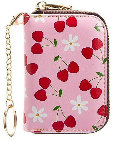 AIRMORS Kreditkartenetui für Damen, Reißverschluss, Leder, RFID-blockierender Schlüsselanhänger, Pink Cherry, Small, Kreditkartenetui aus Leder mit Reißverschluss