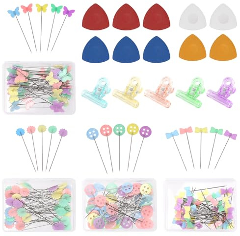 Swpeet 261Pcs Sewing Flat Head Pins Set Contains 200Pcs Butterfly, Plum Blossom, Button, Bow Tie Head Pins, 50Pcs Mixed Colors Sewing Clip, 10Pcs 4 Colors Tailors Chalk, 1Pc Measuring Tape for DIY