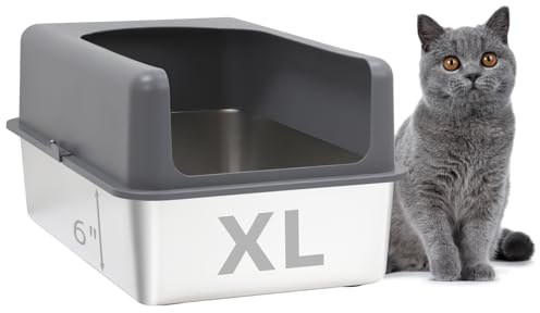 Booche Hochseitige Edelstahl-Katzentoilette, Edelstahl-Katzentoilette mit Deckel, extra groß, leicht zu reinigende Metall-Katzentoilette für Katzen (61 cm L x 40,6 cm B x 30,5 cm H mit Gehäuse)