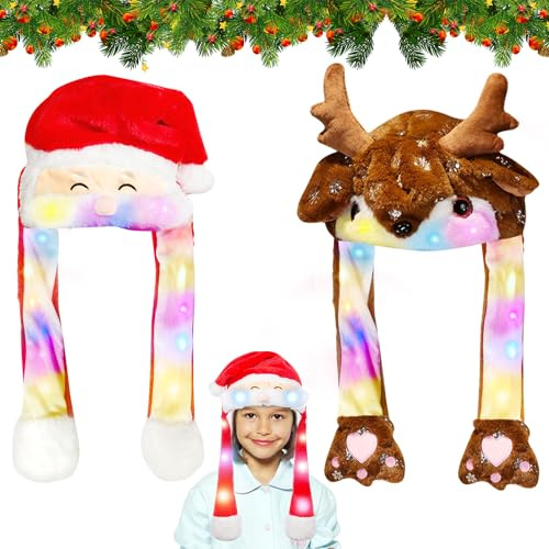 Weihnachtsmütze, Nikolausmütze Plüsch, Weihnachten Partyhut, Weihnachtsmann Mützen, LED Lustiger Hut Kappe mit Beweglichen Ohren Santa Hat, Weihnachten Partyhut für Weihnachts Party Geburtstage