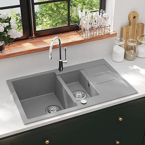 Homgoday Lavello da Cucina in Granito Vasca Doppia Grigio, Mobili per Interno Esterno Casa Soggiorno