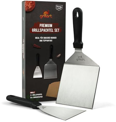 grillart Set di spatole per barbecue in acciaio inox di alta qualità per hamburger Smashed con 30 pezzi di carta per hamburger – Spatola per barbecue per Plancha & Teppanyaki – Paletta per barbecue in