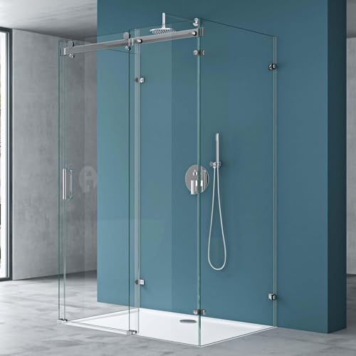 Mai & Mai U-Form Duschkabine 70x100x70cm Schiebetür | Duschabtrennung Rahmenlos Höhe:195cm 8mm ESG Nano Klarglas 4-Punkt Halterung Dusche Rav17-2UK