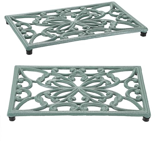 SUMTree 2pcs Rectangle Cast Iron Trivet, Decorative Heavy Duty Hot Pot Holder Mat, Vintage Butterfly Pattern Cast Iron Trivet with Rubber Pegs for Kitchen Dining Table (Green)
