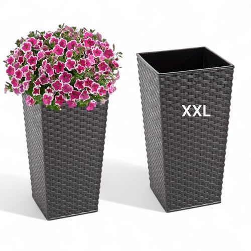 MELTOM Pflanzkübel aus Kunststoff in Rattan mit Herausnehmbaren Einsatz Hoch (Graphit, XXL-67cm)