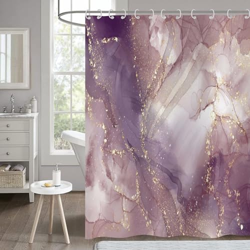 Hnmdmyi Duschvorhang Marmor 180x180, Abstrakt Rosa Lila Gold Glitzer Badewanne Vorhang Modern Luxus Ombre Kristall Textur Tinte Kunst Wasserdicht Polyester Stoff Waschbar Badevorhang mit Haken