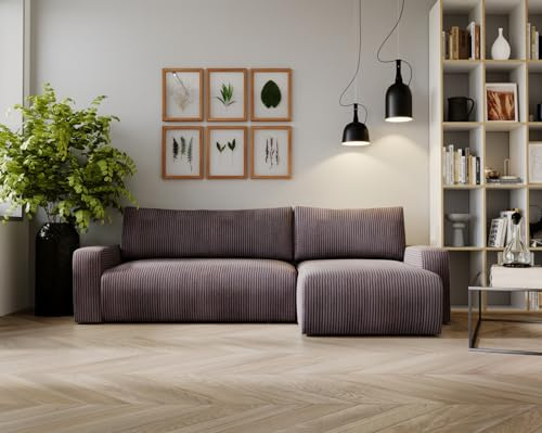 Kaiser Möbel, Ecksofa mit schlaffunktion, mit Bettkasten, Schlafsofa Argon, Designer Sofa, Modern Design Couch, Polsterecke, Freistehend, Zoom Stoff- Dicker Cord Braun Ottomane Rechts