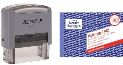 Genie S-402 Selbstfärbender Stempel Set & AVERY Zweckform 1742 Quittungsblock Kleinunternehmer