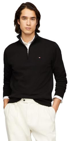 Tommy Hilfiger Herren Leichter Viertelreißverschluss Pullover, Schwarz, Medium